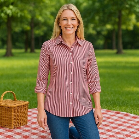 NEW Chico's Red and White Stripe Rolltab Sleeve Collared Buttonup Picnic S/4 - Picture 1 of 6